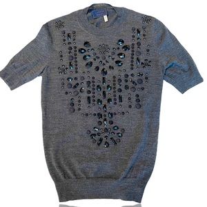 Lanvin Decorative Jewel Front S/S Gray Knit Top- EUC
